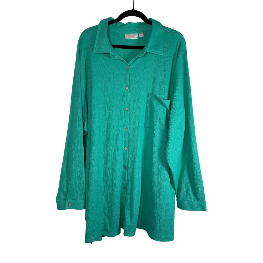 Belle by Kim Gravel Emerald Green Crinkle Textured Button Down Shirt Blouse 3X